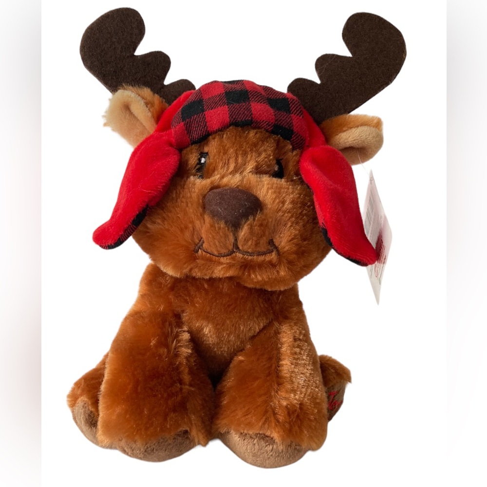 Fiesta Toys Jesus Loves Me Brown Moose Plush 7.5" Stuffed‎ Toy Red Plaid Hat